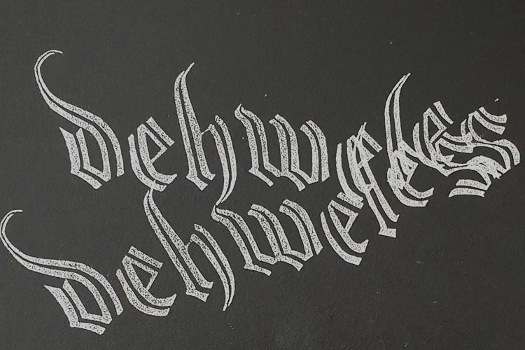 Dehweles calligraphy in silver on black by Jill Strong